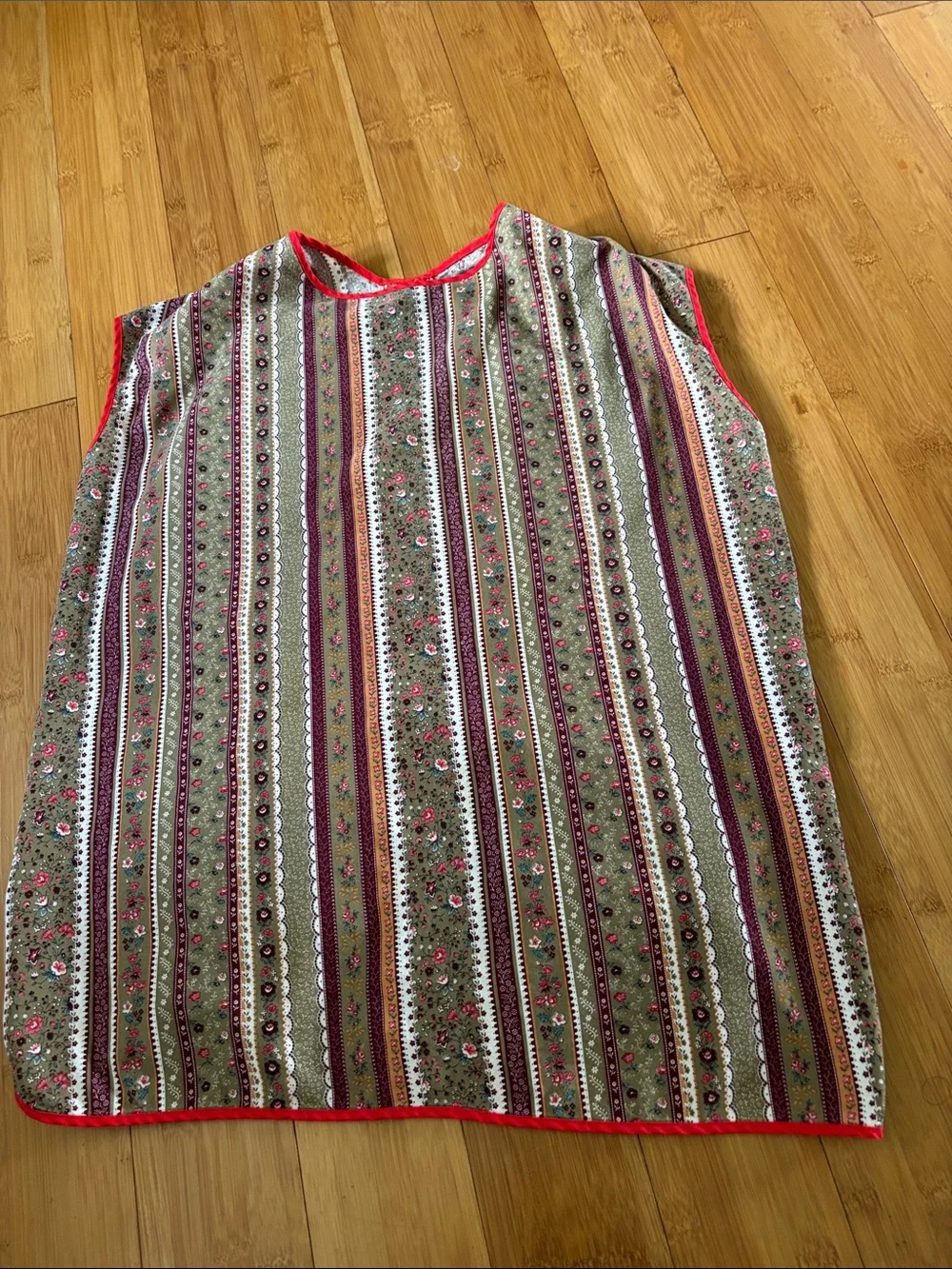 Olive Green Floral Stripe Kitchen Apron with Red Trim